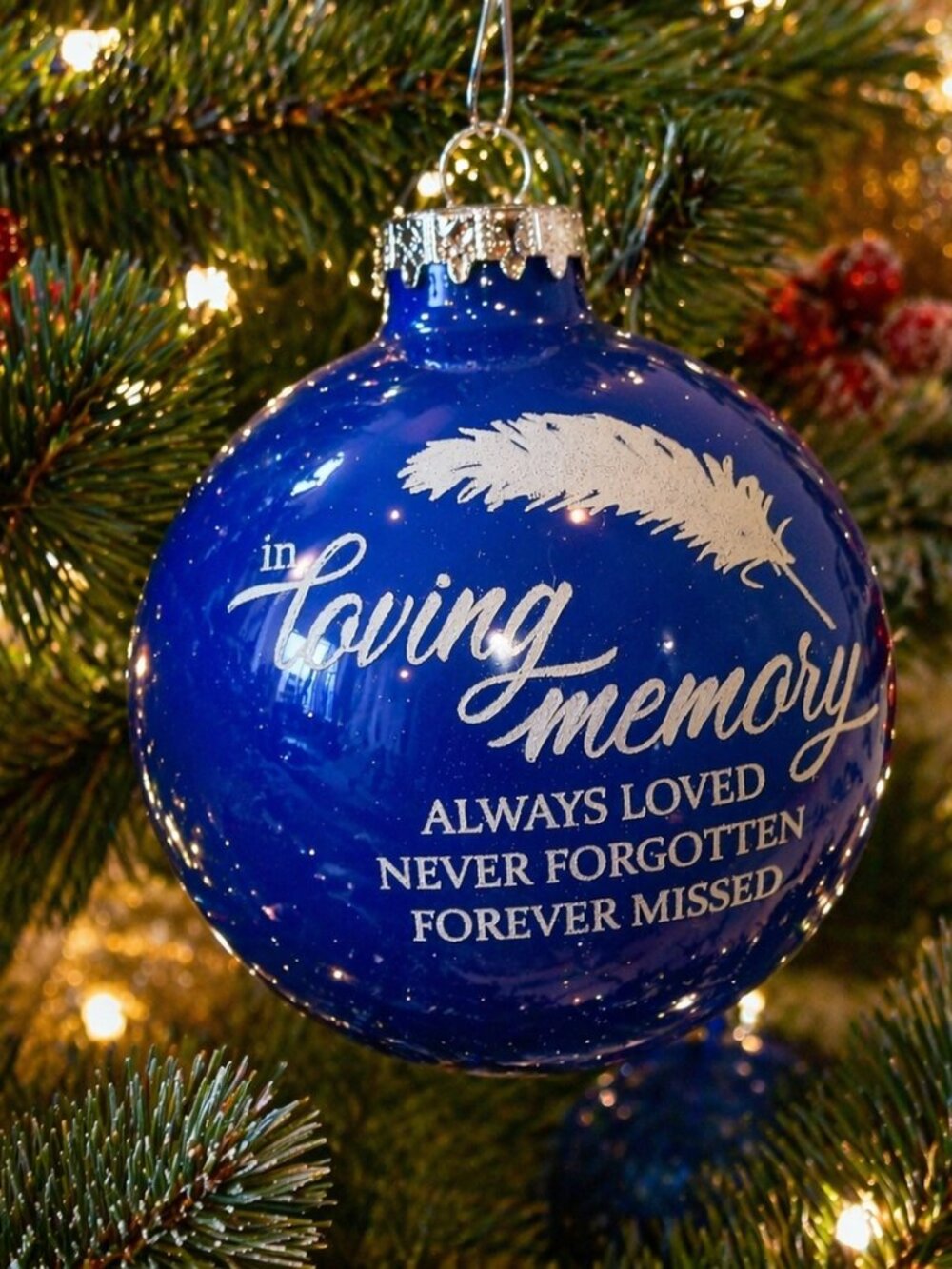 Bronners In Loving Memory With Blue Feather Glass Ornament